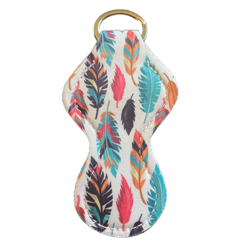 Feather Print Leather Keychain Chapstick Holder